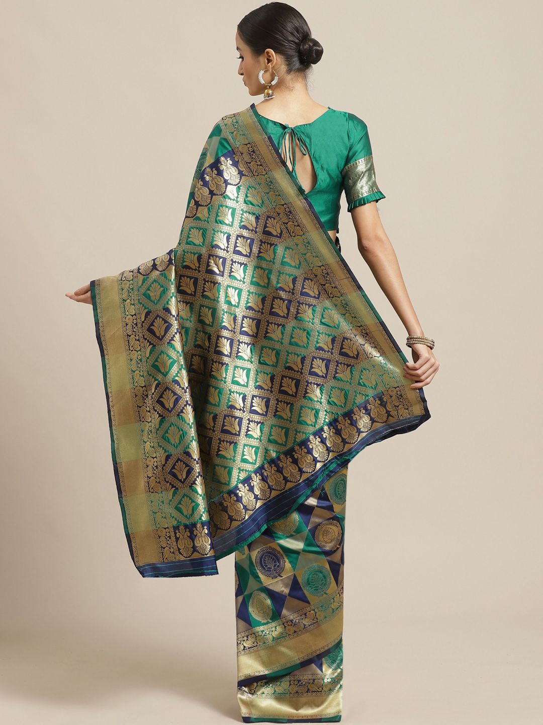 Saree mall Navy Blue & Teal Green Ethnic Woven Design Banarasi Saree