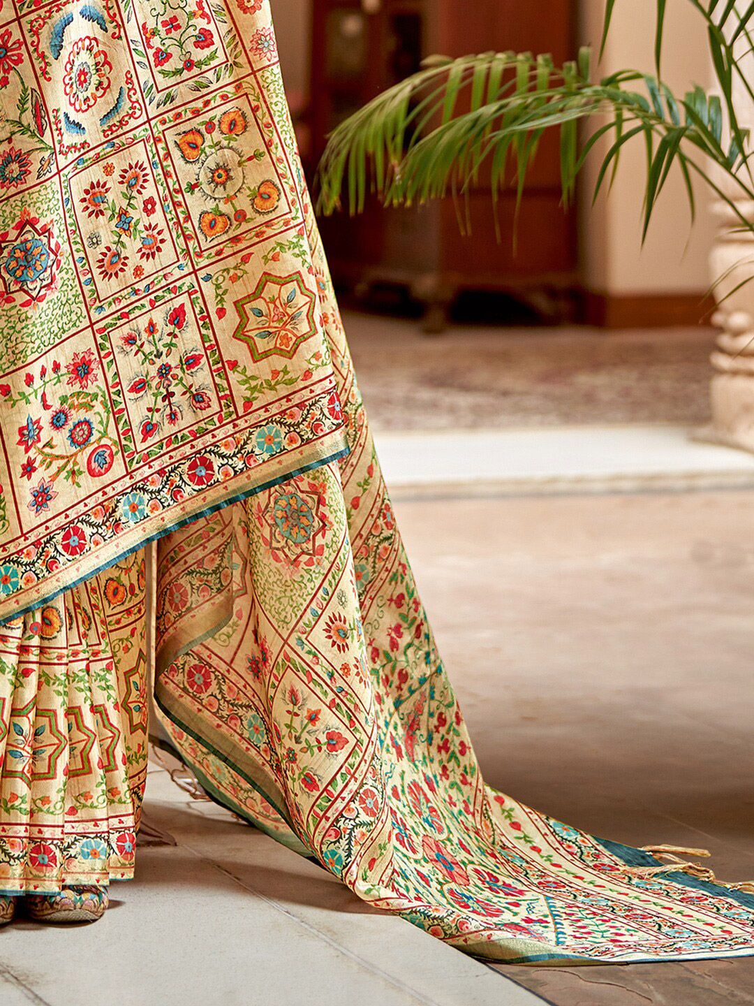 Saree mall Beige & Gold-Toned Ethnic Motifs Printed Zari Pure Silk Sarees