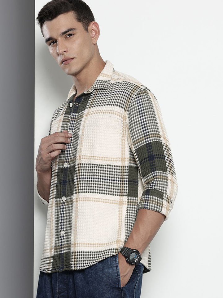 The Indian Garage Co Pure Cotton Checks Waffles Textured Opaque Relaxed Fit Casual Shirt