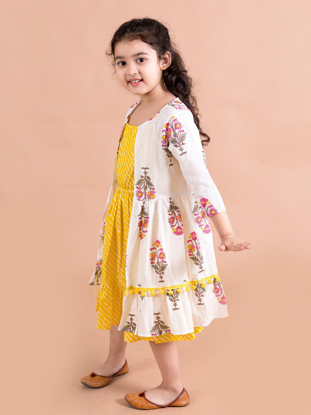 pspeaches Girls Yellow Striped Cotton Midi Dress With Printed Shrug