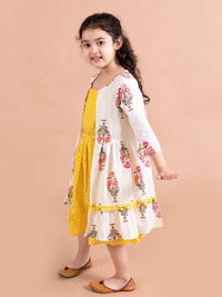 pspeaches Girls Yellow Striped Cotton Midi Dress With Printed Shrug