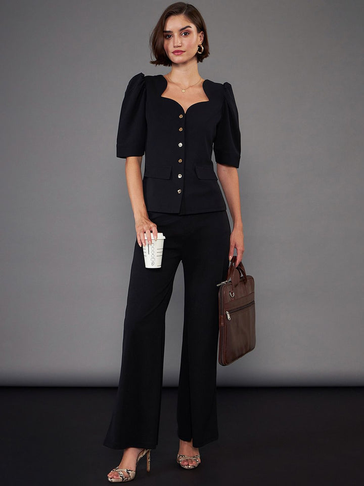SASSAFRAS worklyf Black Sweetheart Neck Puff Sleeves Top & Trousers