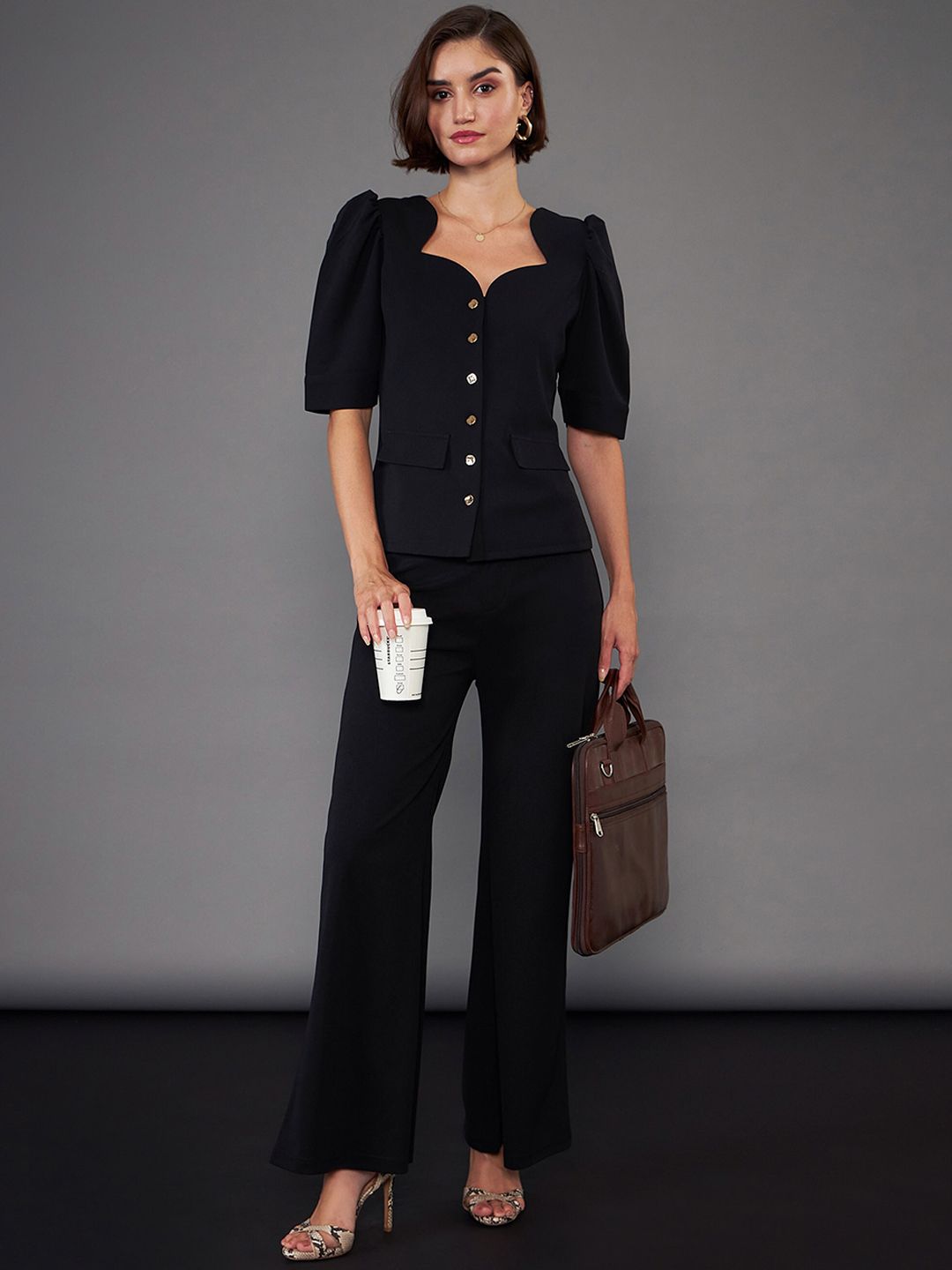 SASSAFRAS worklyf Black Sweetheart Neck Puff Sleeves Top & Trousers