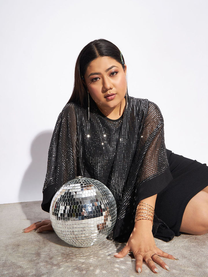 SASSAFRAS Curve Plus Size Black Cape Sleeves Sequinned Sheath Dress