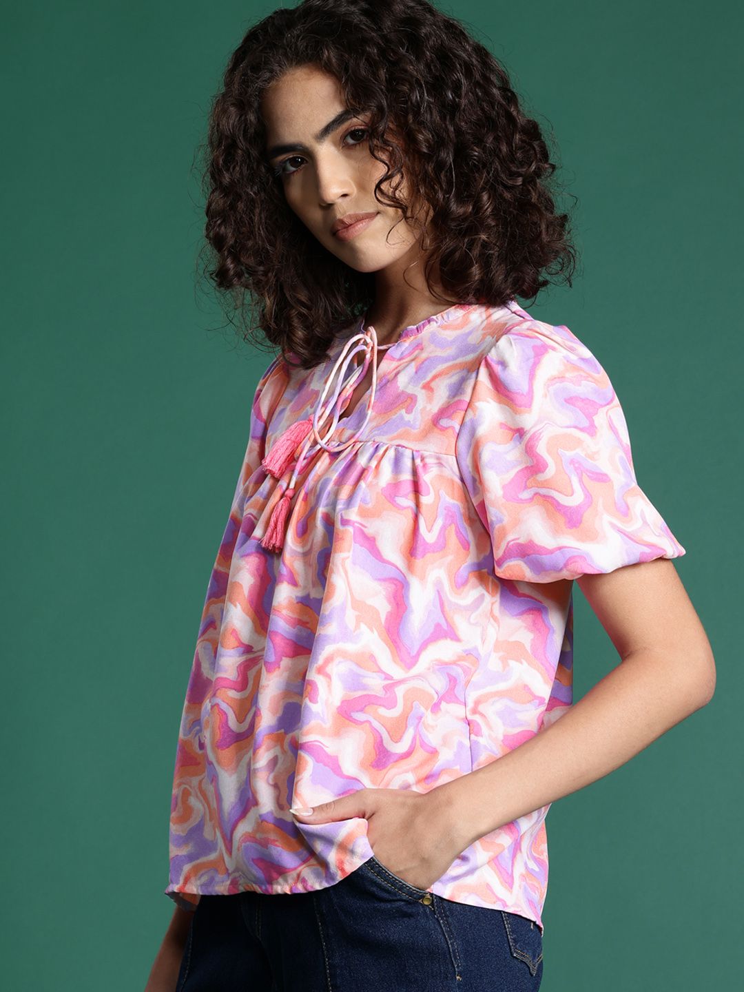 DressBerry Printed Tie-Up Neck Puff Sleeve Top