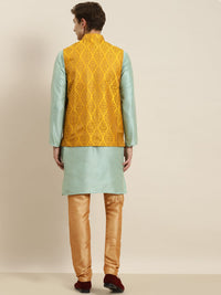 SOJANYA Men Sea Green Striped Kurta with Churidar & Nehru Jacket
