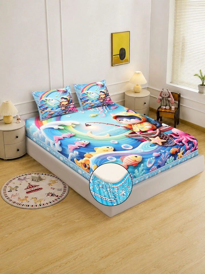 Myntra Elegant Homes Biru & Merah Jambu Watak Kartun 400 TC Cadar King dengan 2 Sarung Bantal