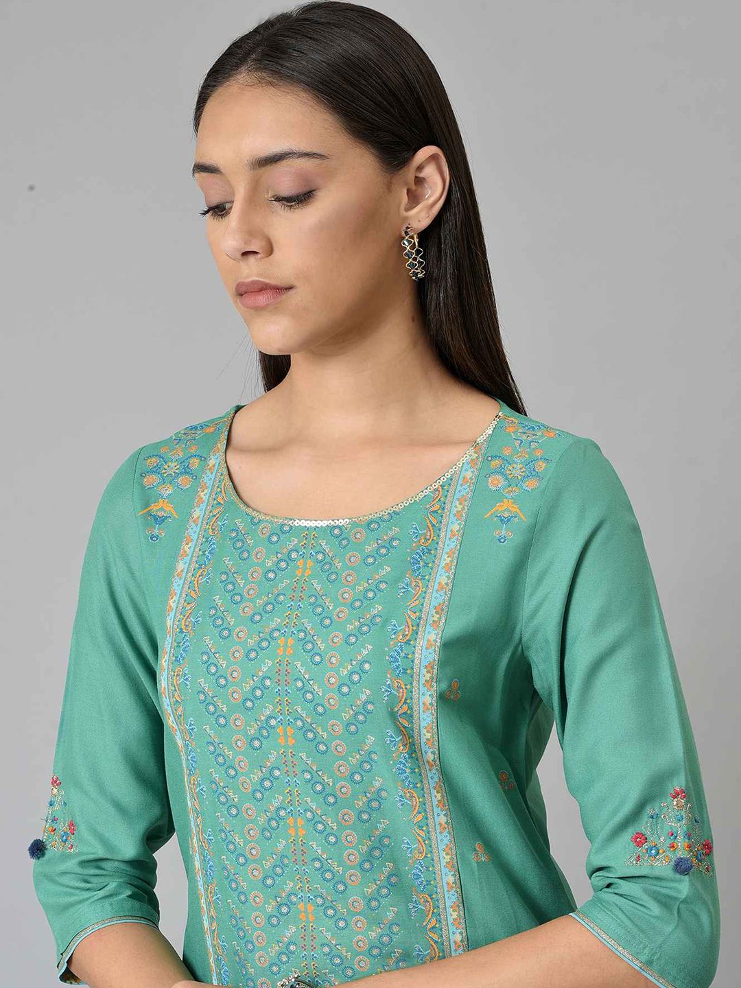 W Festive Floral Print Rayon Straight Kurta