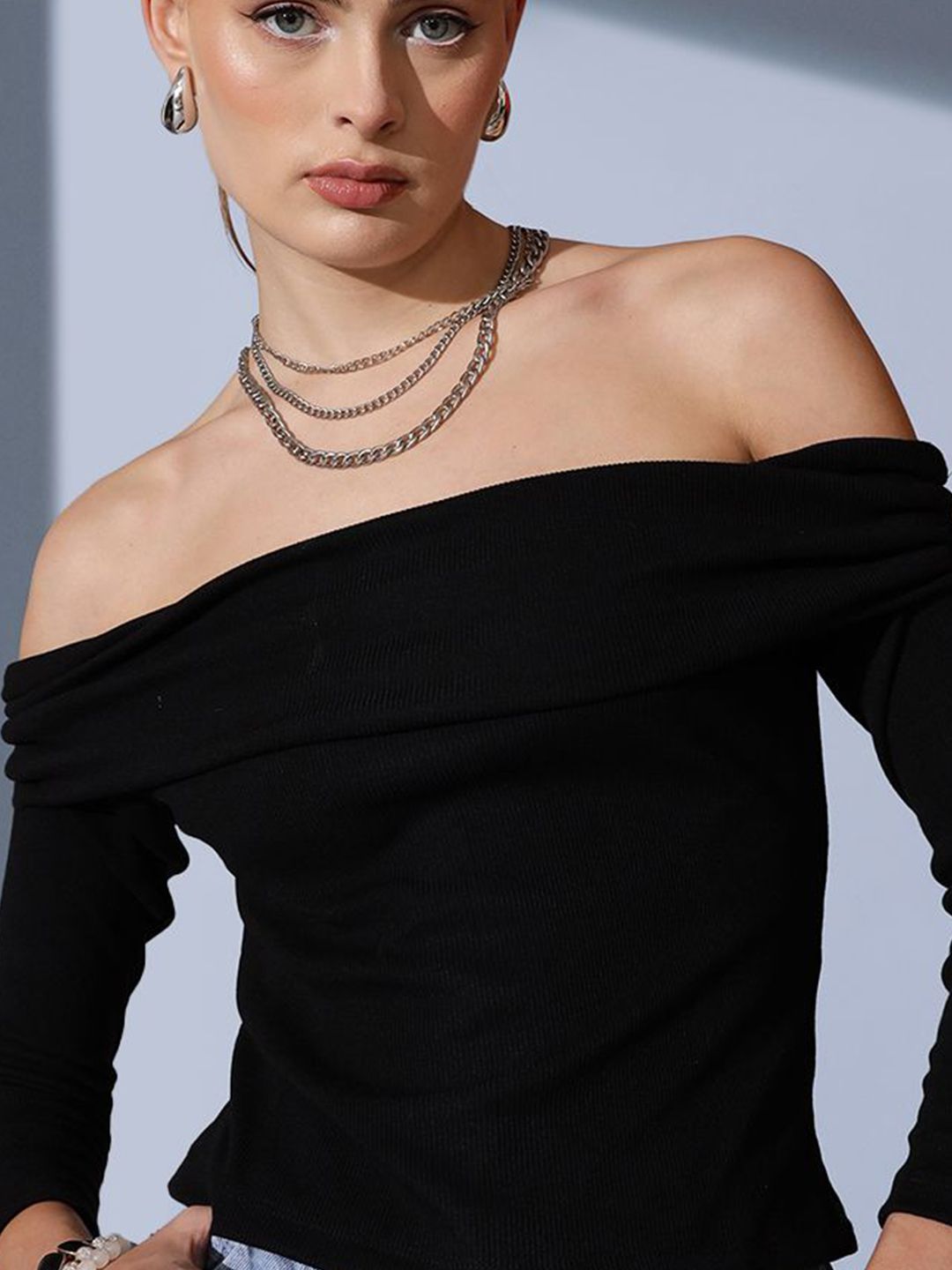 STREET 9 Off-Shoulder Solid Pure Cotton Bardot Top