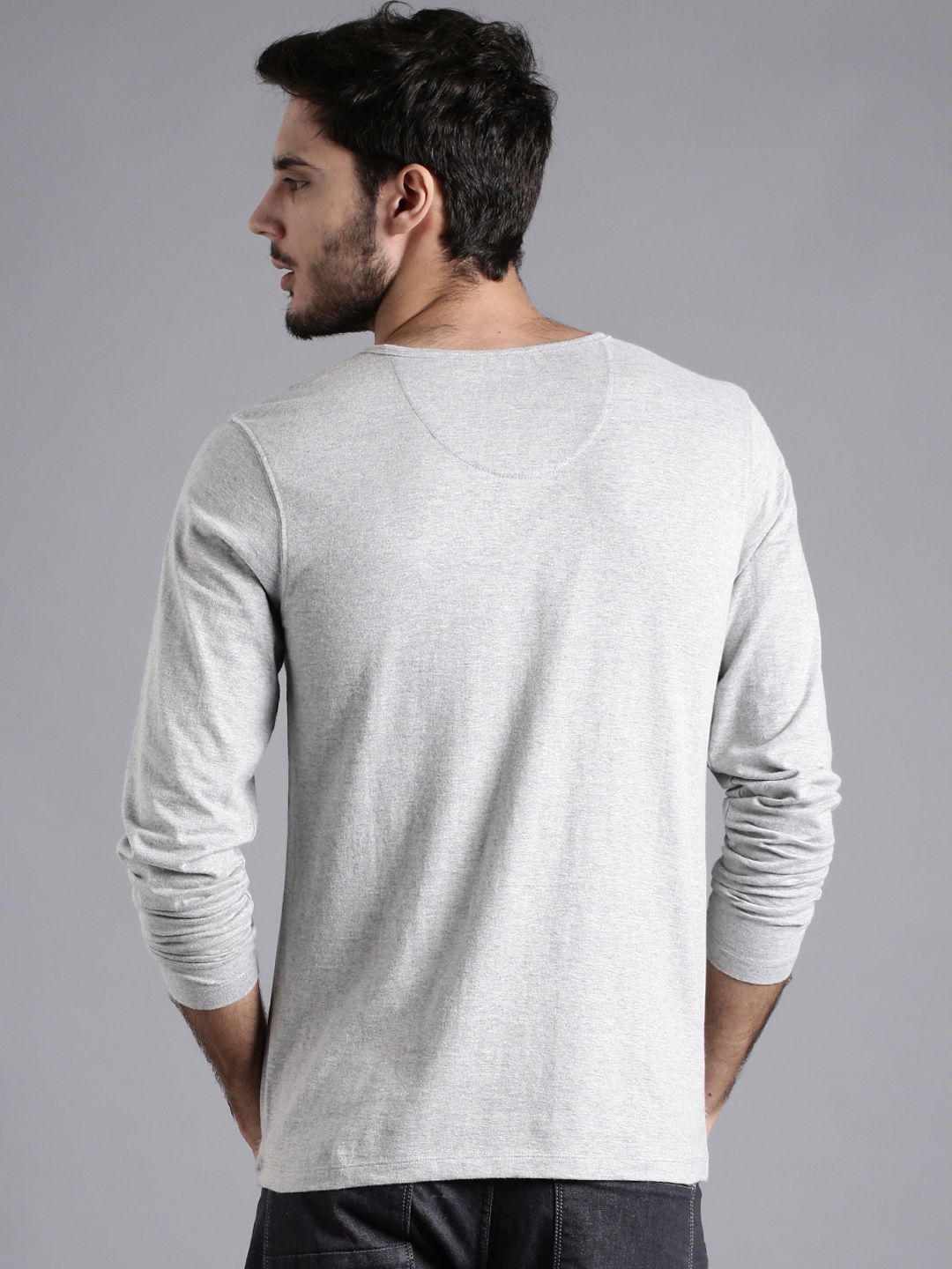 ETHER Men Grey Melange Slim Fit Henley Neck Cotton Pure Cotton T-shirt