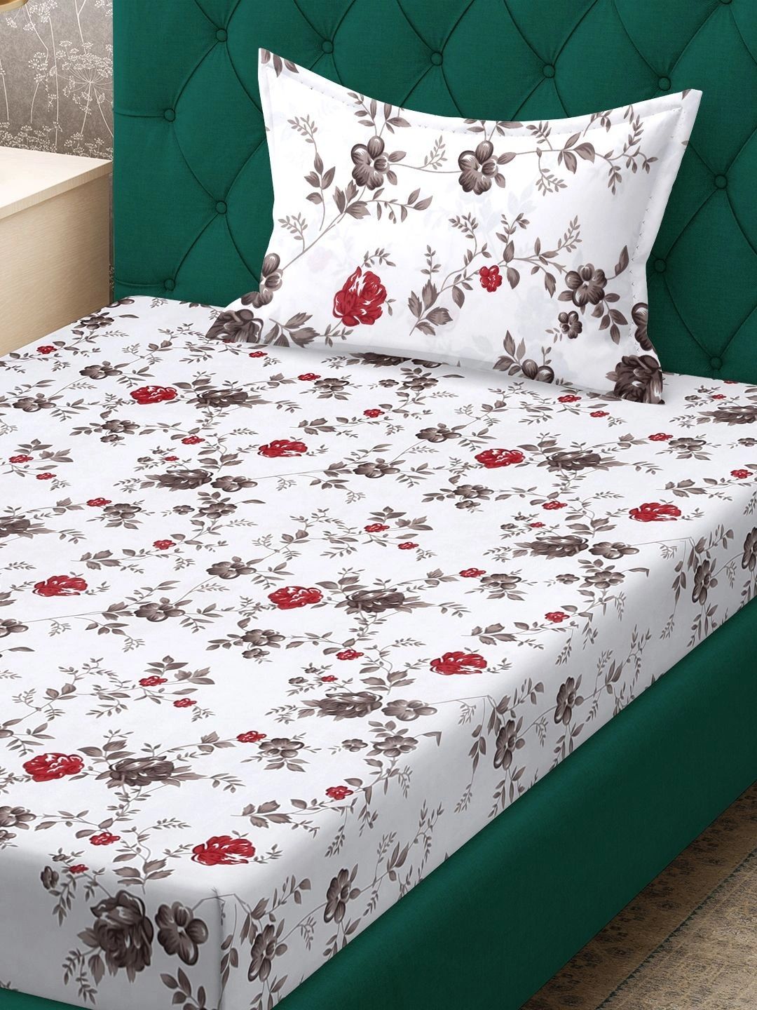 Myntra Elegant Homes White & Red Floral 300 TC Cadar Tempat Tidur Single dengan 1 Sarung Bantal