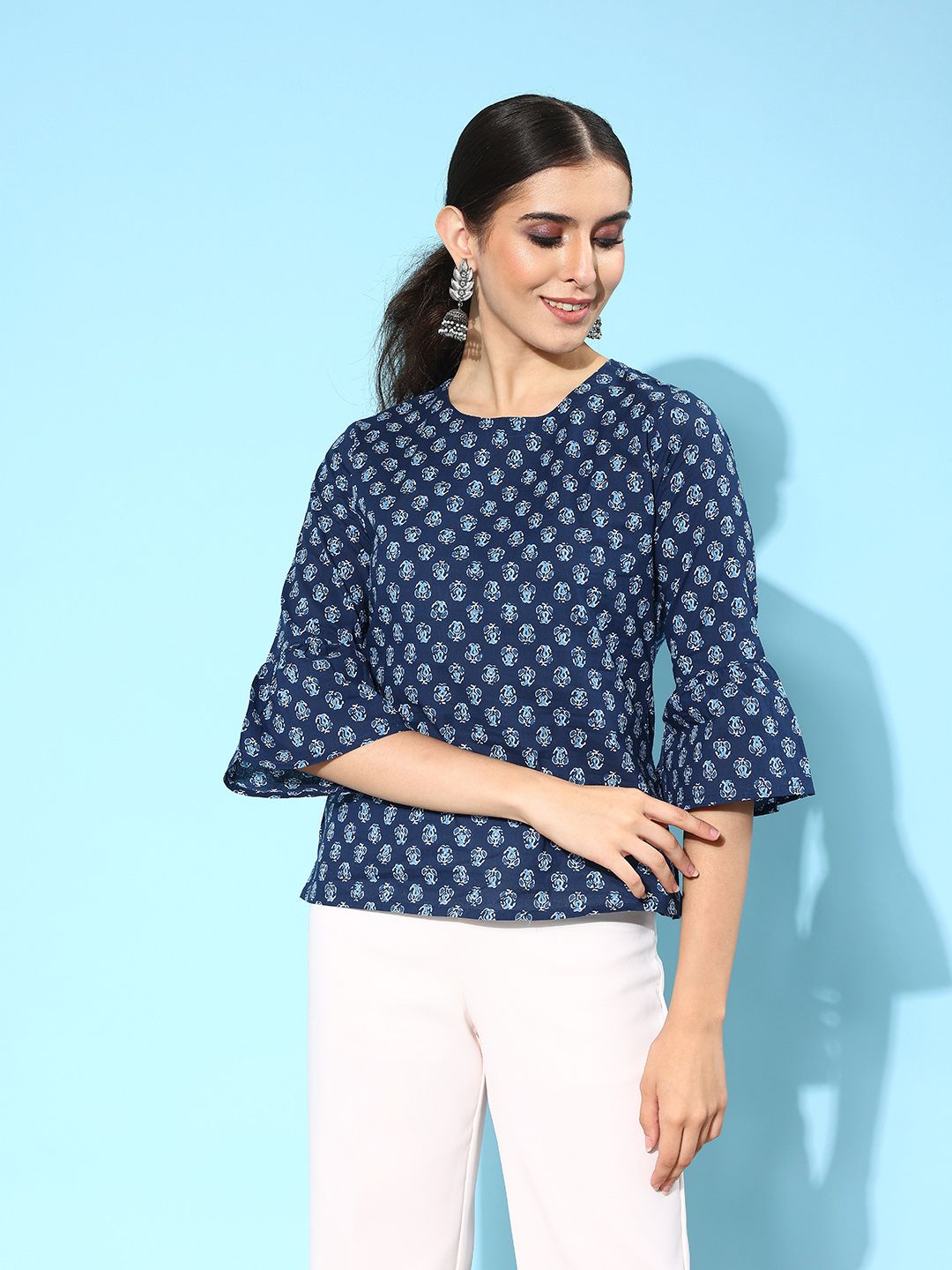 Indo Era Floral Printed Bell Sleeves Kurti