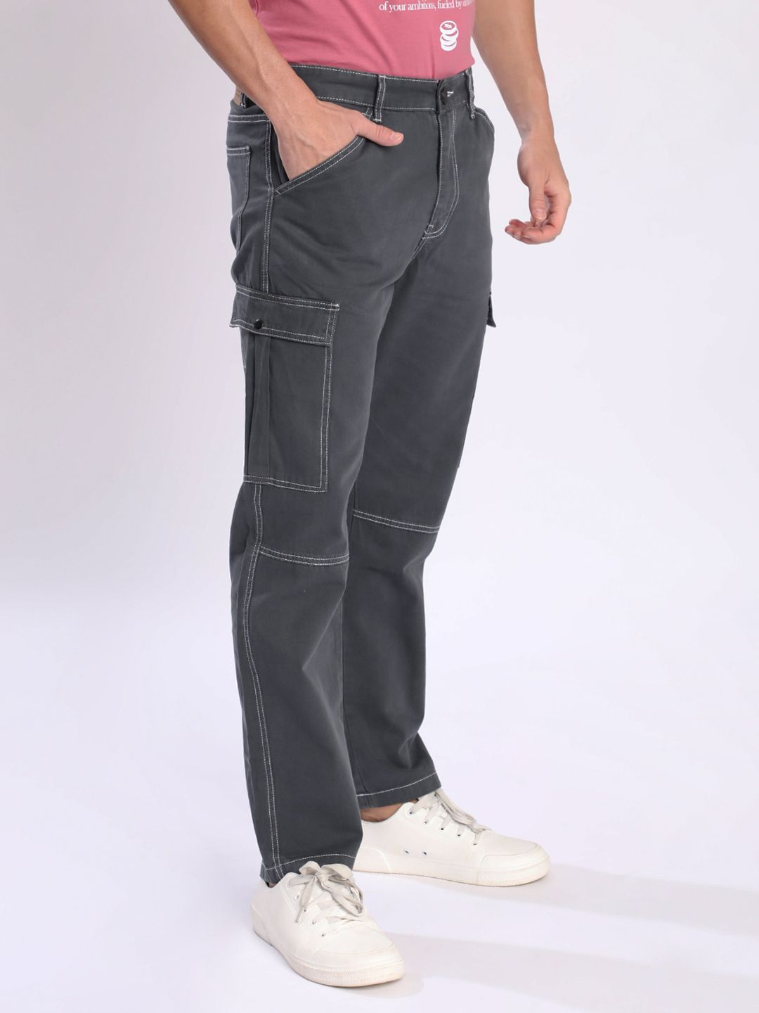 Bene Kleed Men Relaxed Pure Cotton Contrast Stitch Cargos Trousers