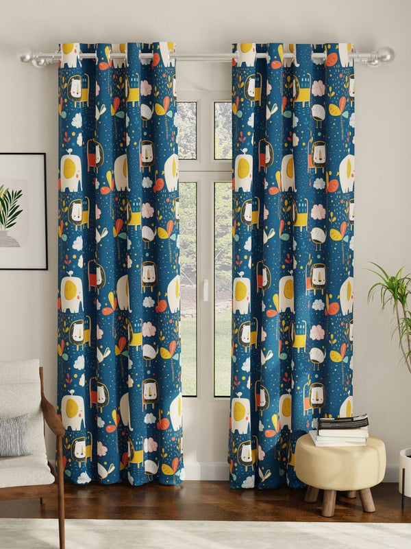 URBAN SPACE Blue & White Quirky Room Darkening Window Curtain
