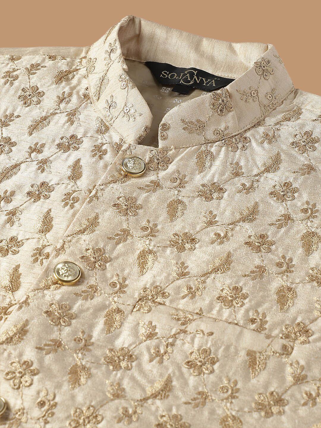 SOJANYA Ethnic Embroidered Sequinned Pure Cotton Kurta & Churidar With Nehru Jacket