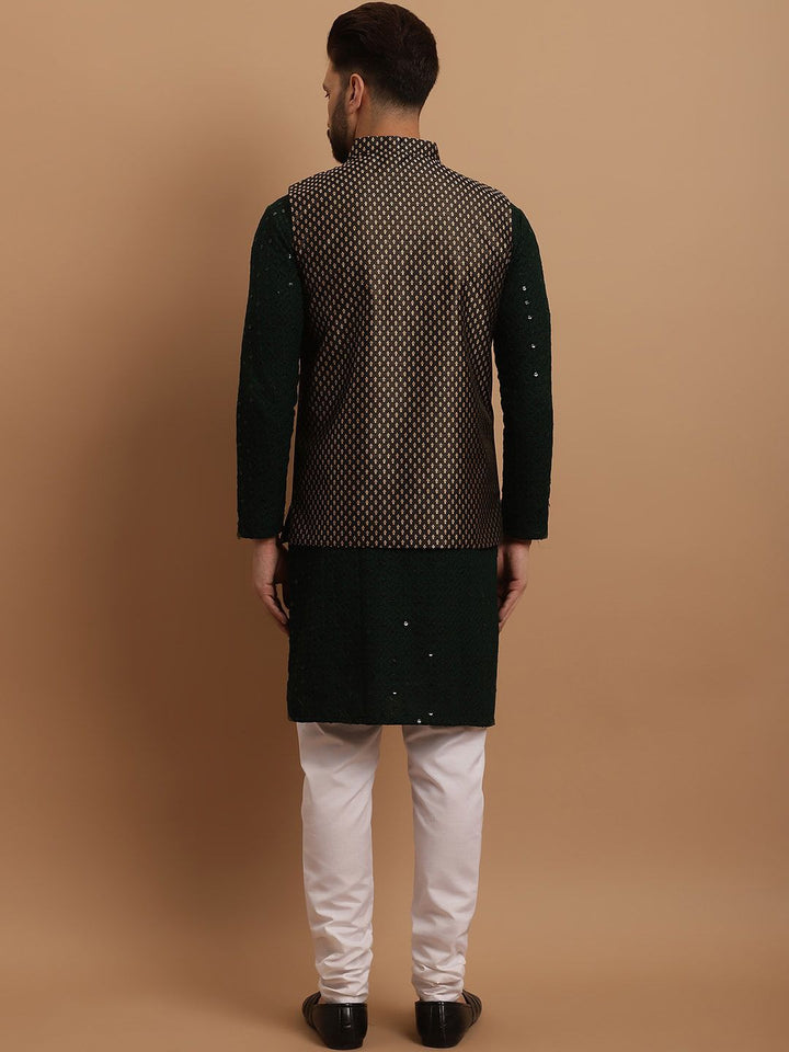 SOJANYA Etnik Sulam Labuci Kapas Tulen Kurta & Churidar Dengan Jaket Nehru