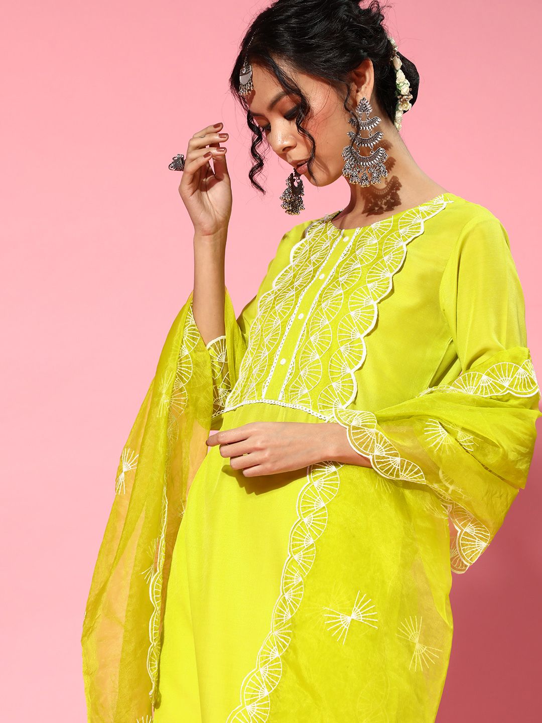 Indo Era Lime Green Silk Blend Scalloped Edge Kurta Set