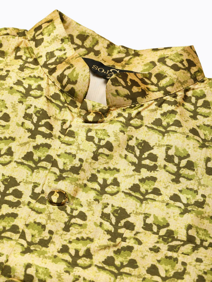 SOJANYA Kurta Lelaki Berwarna Krim & Hijau Limau dengan Jaket Churidar & Nehru