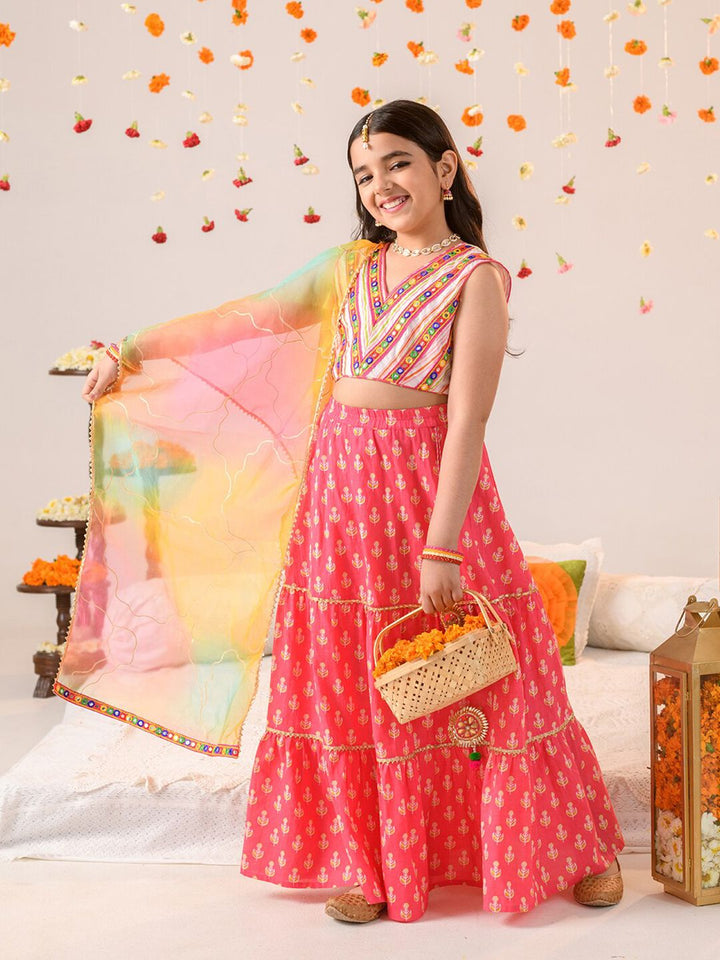 pspeaches Girls Embellished Mirror Work Ready to Wear Lehenga Choli With Dupatta