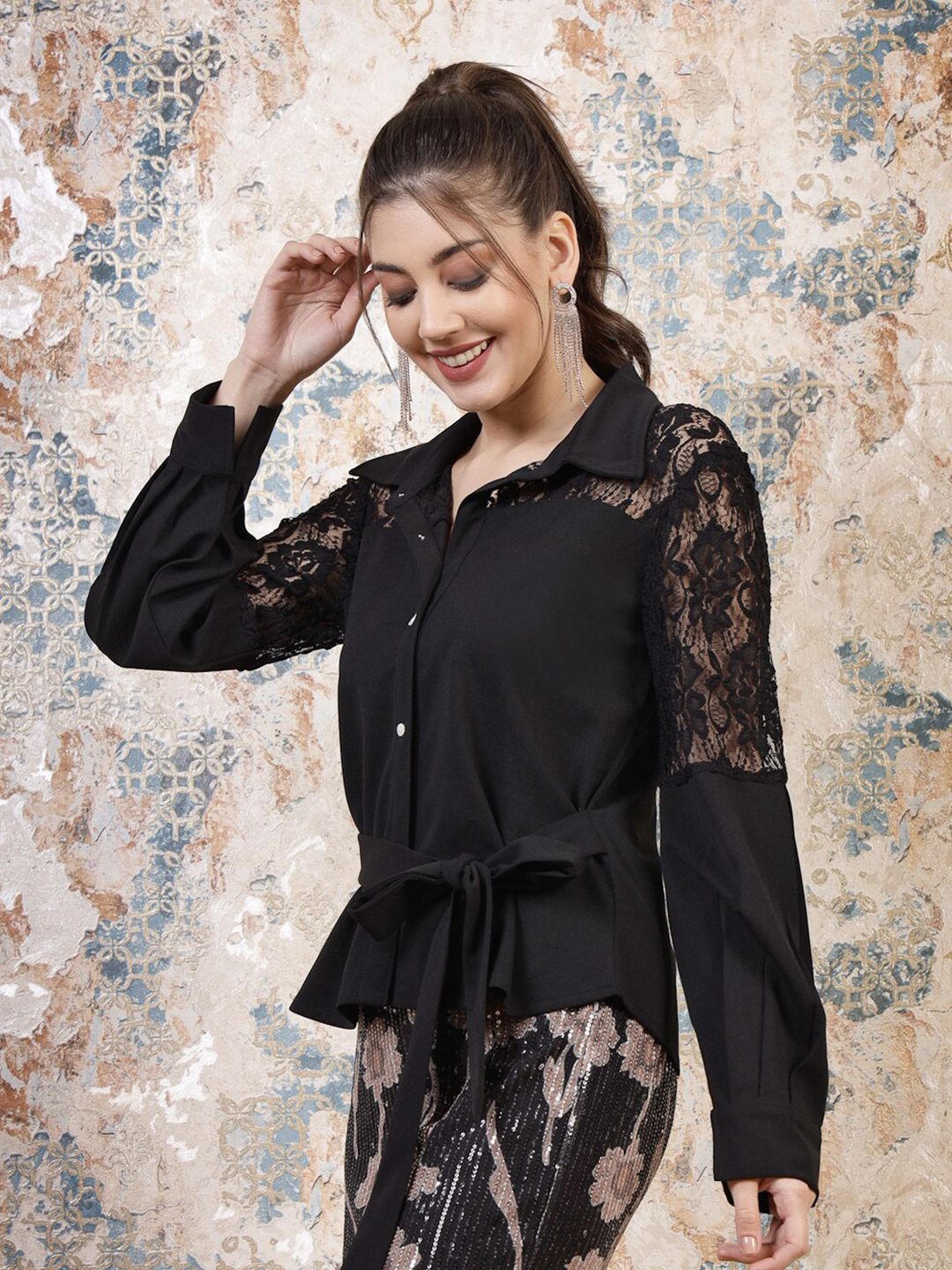 Athena Black Cuffed Sleeves Lace Inserts Shirt Style Top