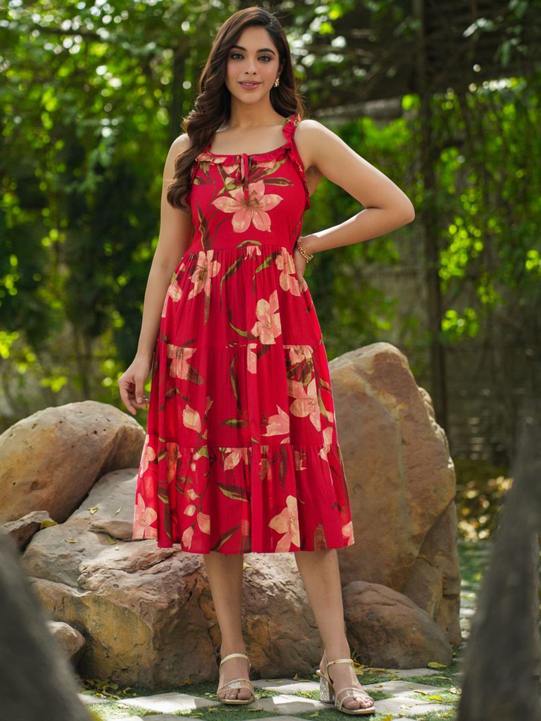 Rain & Rainbow Floral Printed Shoulder Straps Pure Cotton Fit & Flared Midi Dresses