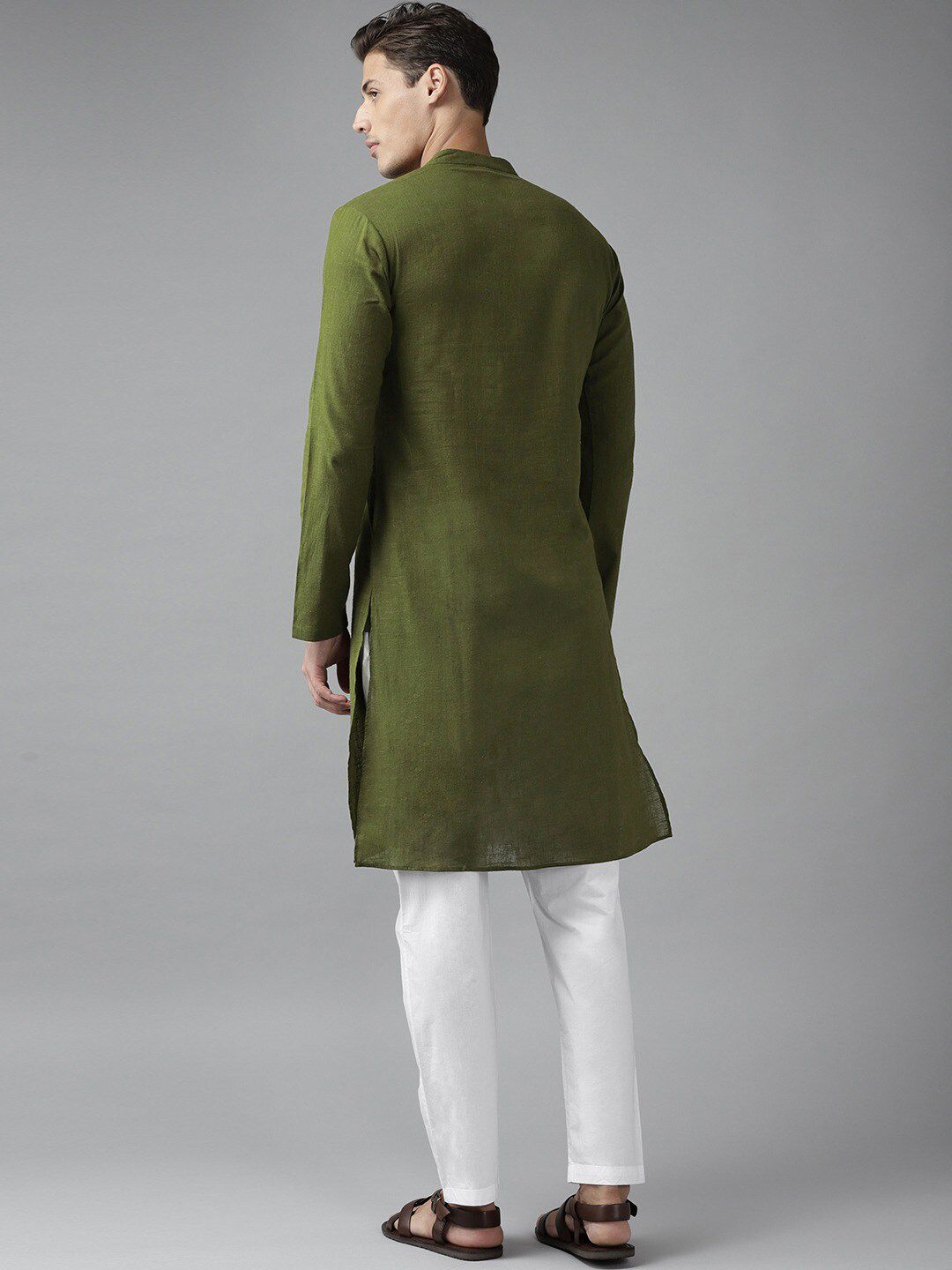 See Designs Men Olive Thread Work Straight Cotton Kurta