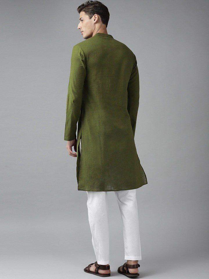 See Designs Men Olive Thread Work Straight Cotton Kurta