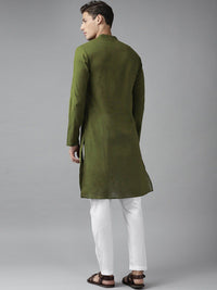 See Designs Men Olive Thread Work Straight Cotton Kurta