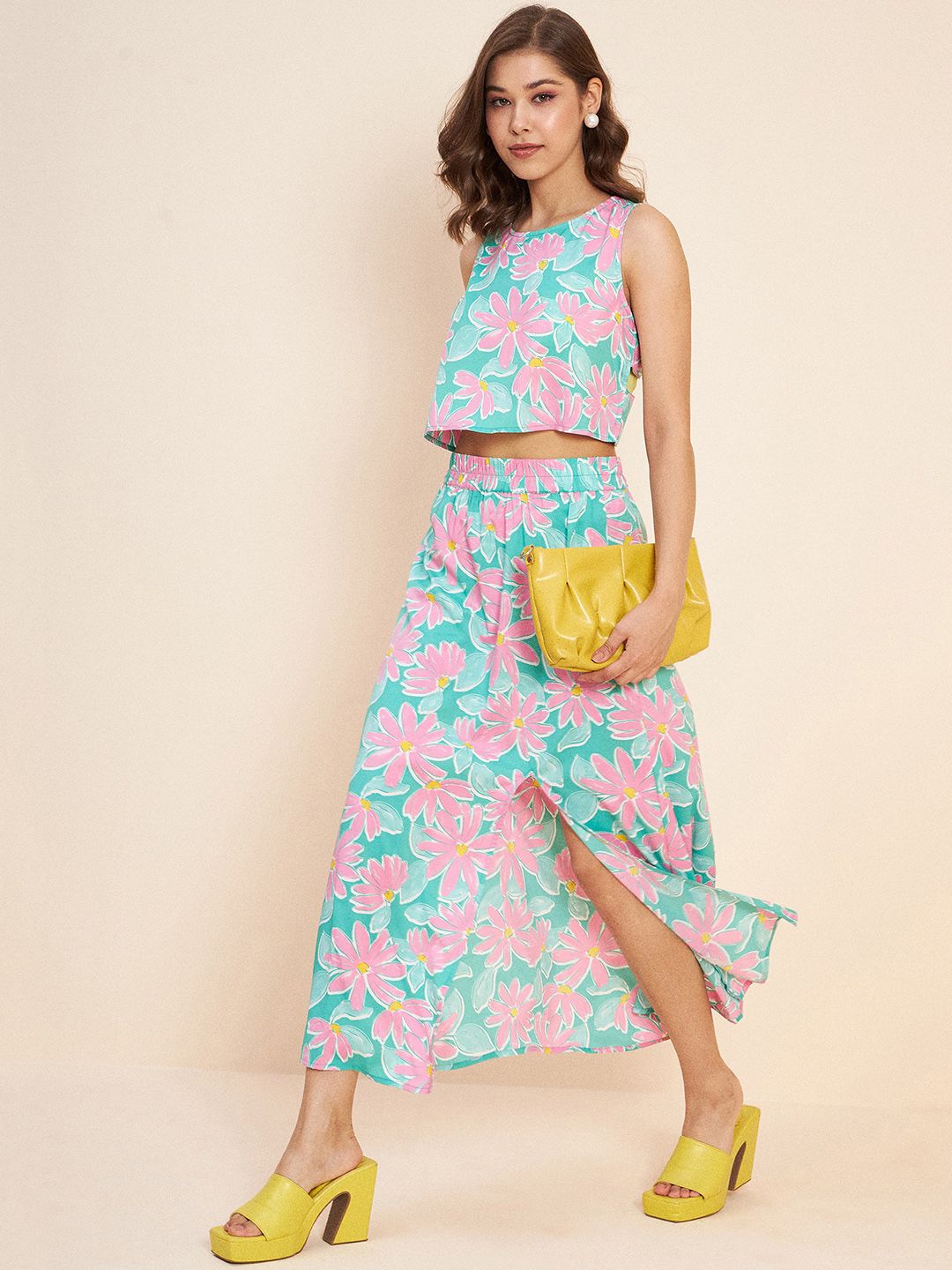 Antheaa Floral Printed Crop Top & Midi Skirt