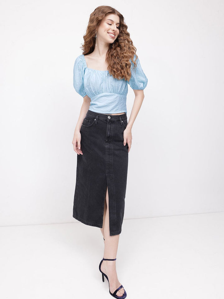 DressBerry Icy Blue Elevated Everyday Blouson Crop Top