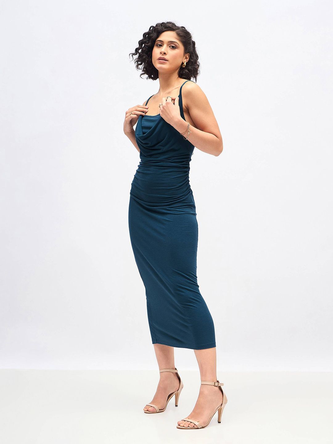 SASSAFRAS Teal Blue Cowl Neck Bodycon Midi Dress