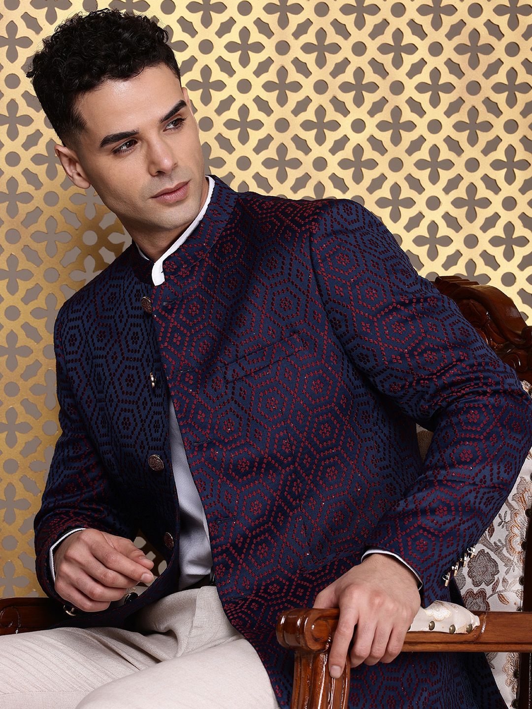 House of Pataudi Geometric Self Design Jashn Ethnic Mandarin Collar Blazer