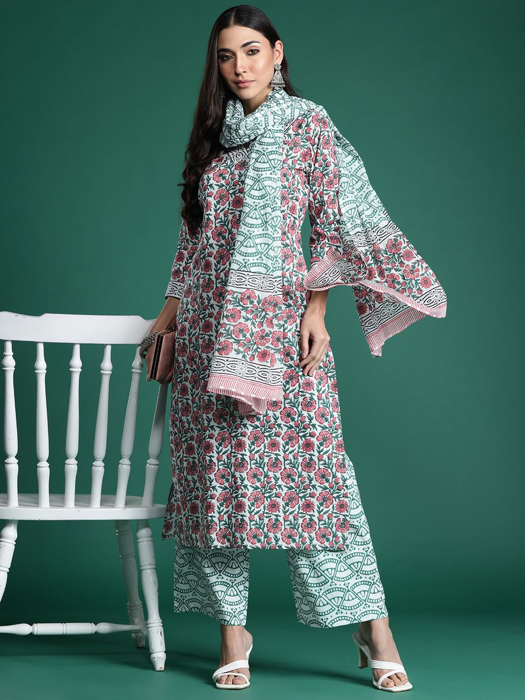 Indo Era Floral Printed Pure Cotton Kurta with Trousers & With Dupatta