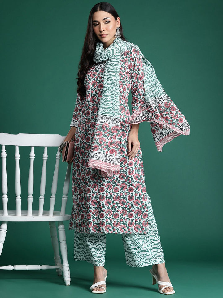 Indo Era Floral Printed Pure Cotton Kurta with Trousers & With Dupatta