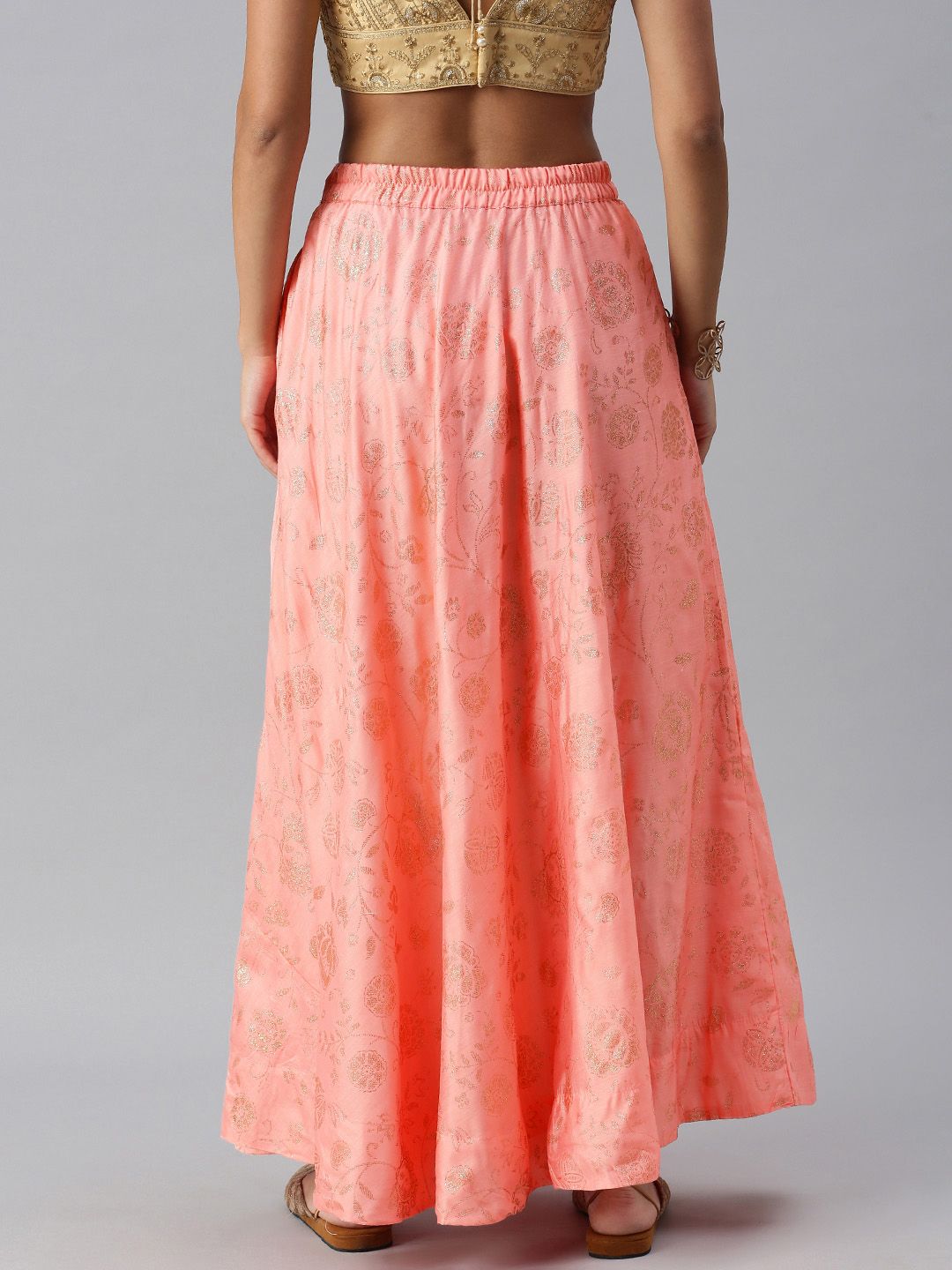 Global Desi Women Peach Pink & Gold-toned Embellished Paneled Flared Maxi Skirt