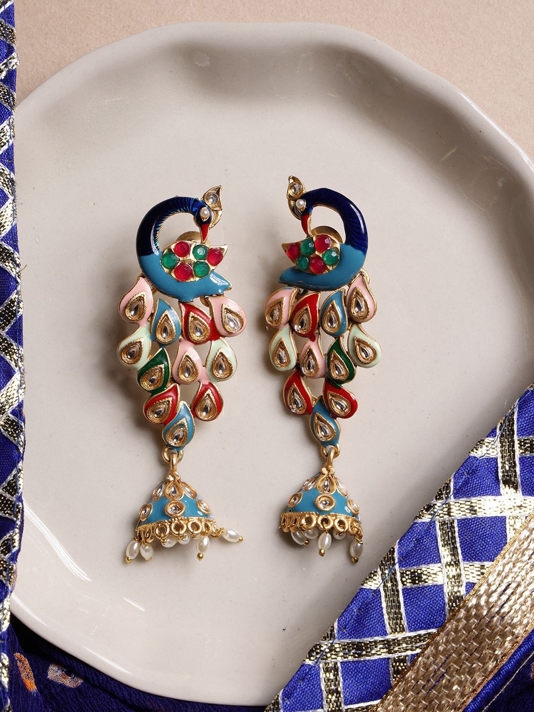 PANASH Gold- Plated Artificial Stones Studded And Beaded Peacock Shaped Drop Earrings