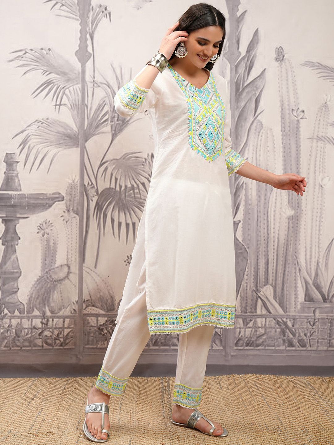 Vishudh Floral Embroidered Regular Thread Work Pure Cotton Kurta with Trousers & Dupatta