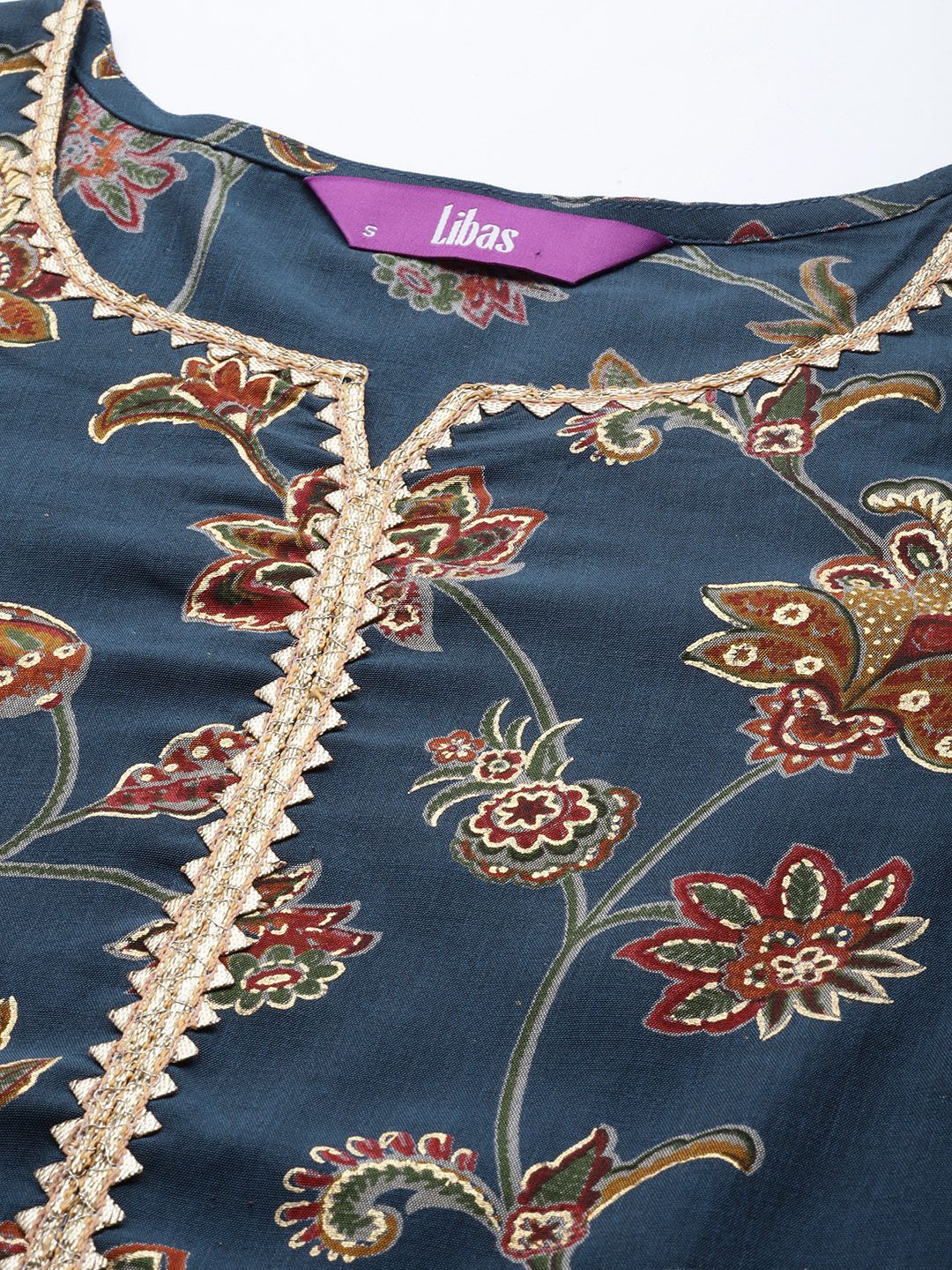 Libas Women Blue & Maroon Floral Printed Regular Kurta with Palazzos & Dupatta