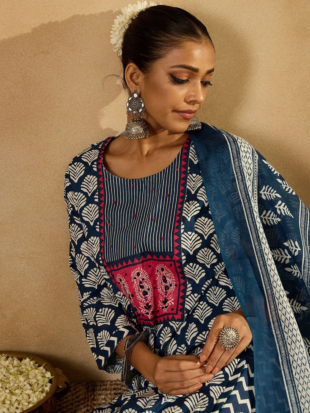 Indo Era Blue Ethnic Motifs Printed Straight Round Neck Thread Work Pure Cotton Kurta Set