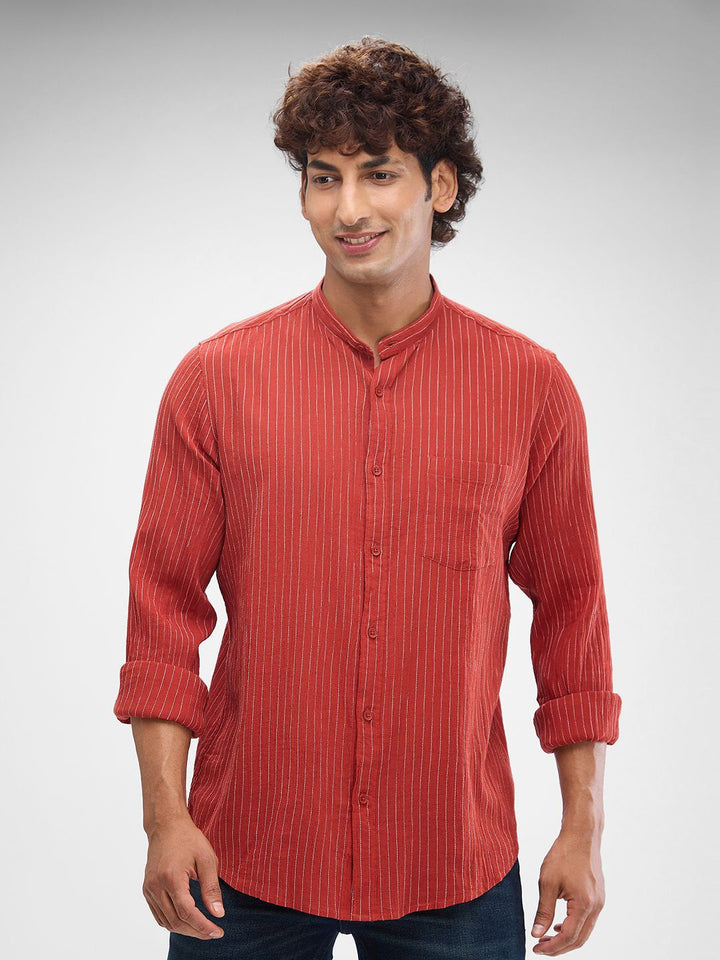 SPYKAR Men Striped Band Collar Slim Fit Casual Shirt
