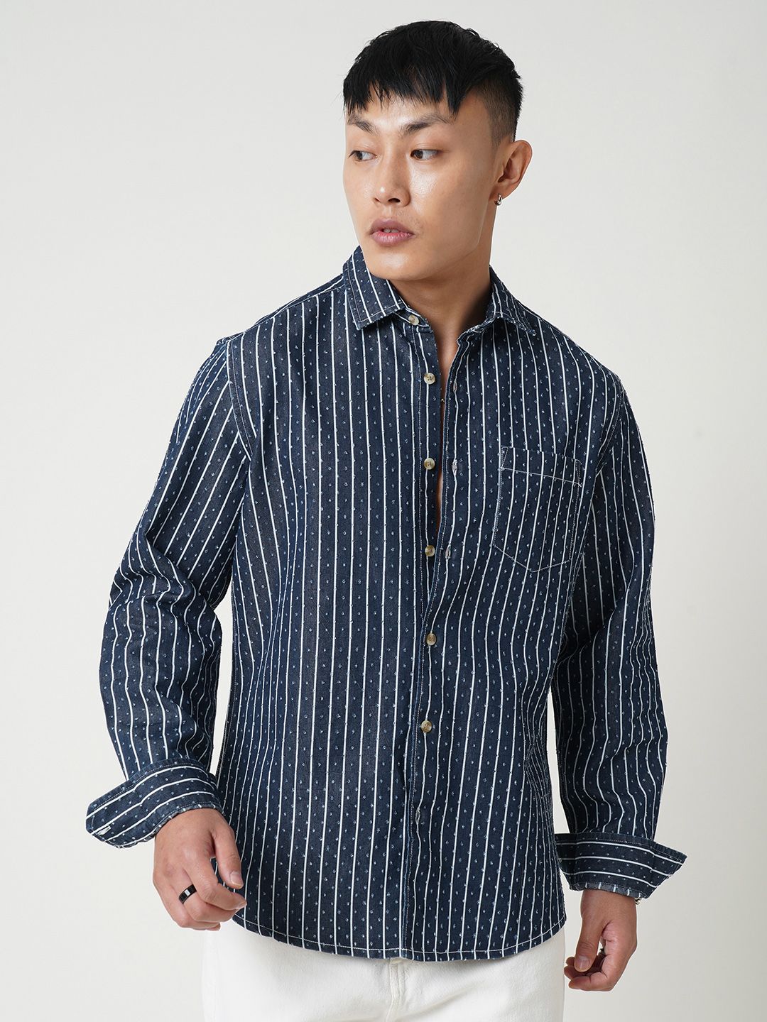 VASTRADO Men Classic Spread Collar Vertical Striped Cotton Casual Shirt