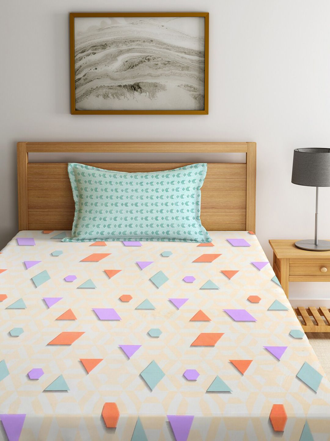KLOTTHE Cream Geometric Polycotton 300 TC Single Fine Bedsheet with a Pillow Cover-87 x 59 inches