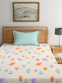 KLOTTHE Cream Geometric Polycotton 300 TC Single Fine Bedsheet with a Pillow Cover-87 x 59 inches