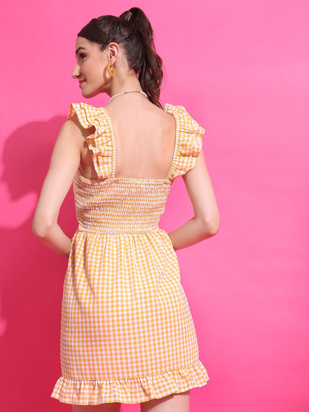 Tokyo Talkies Mustard Checked Cut-Out Smocked Bow  Fit & Flare Dress