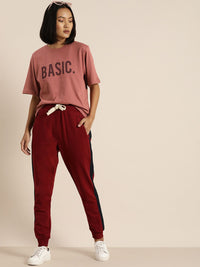 DILLINGER Women Rust Pink Printed Longline Oversized Cotton Pure Cotton T-shirt