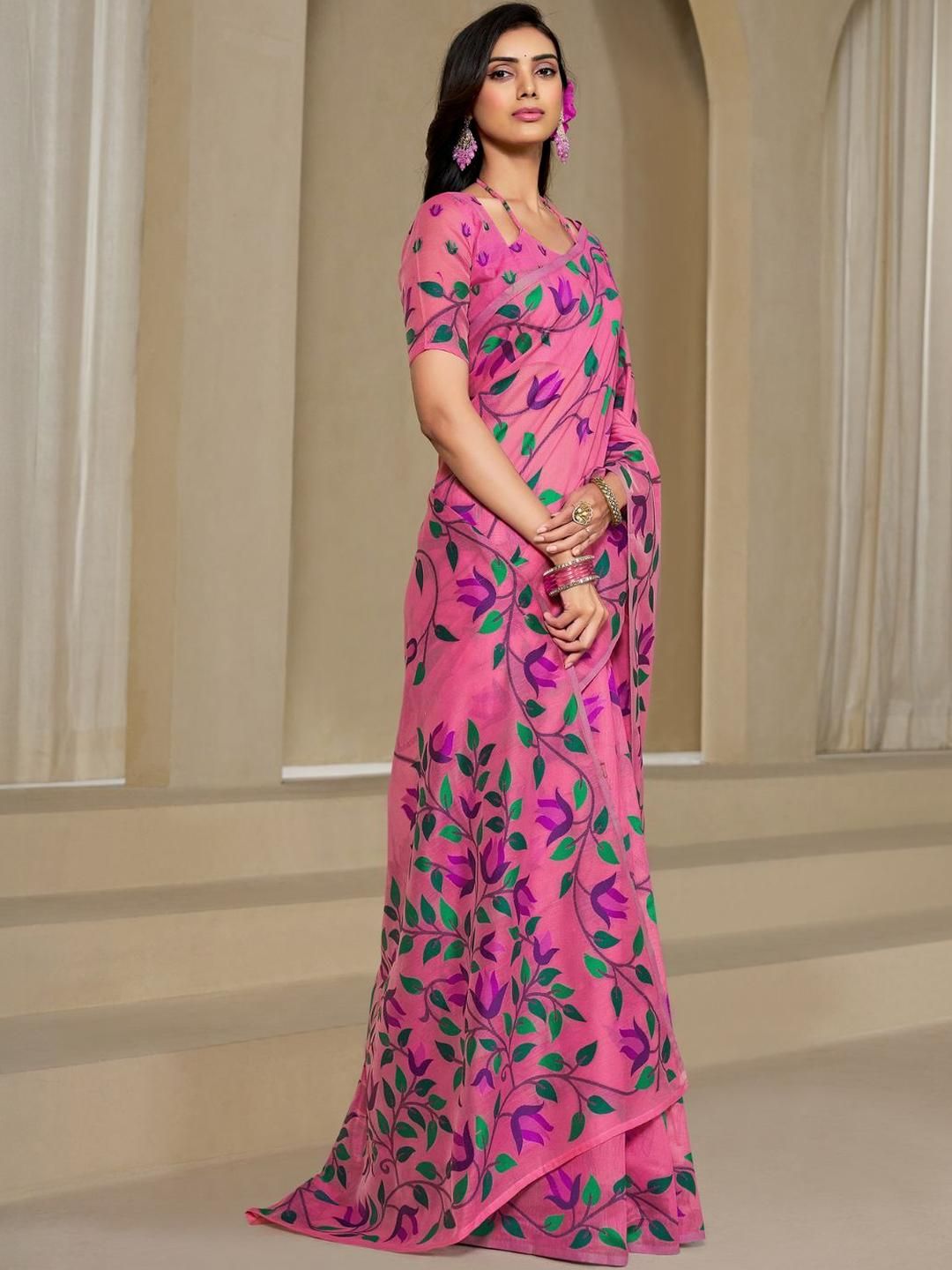 KALINI Pink Pure Cotton Woven Design Sarees