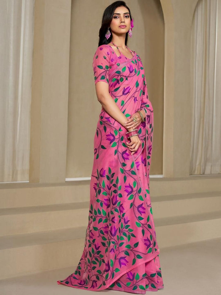 KALINI Pink Pure Cotton Woven Design Sarees