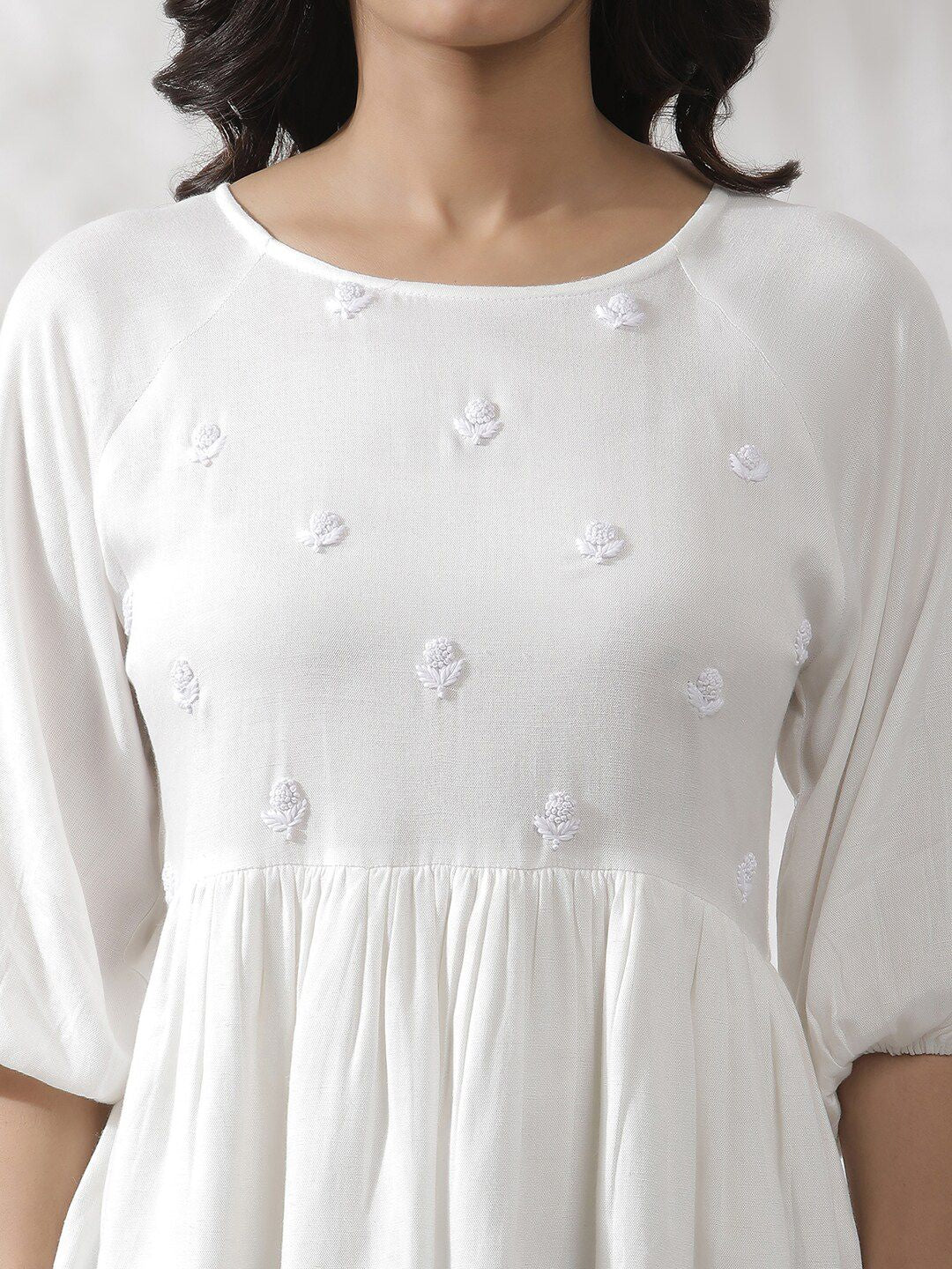 W Embroidered Puff Sleeves Gathered Layered A-Line Top
