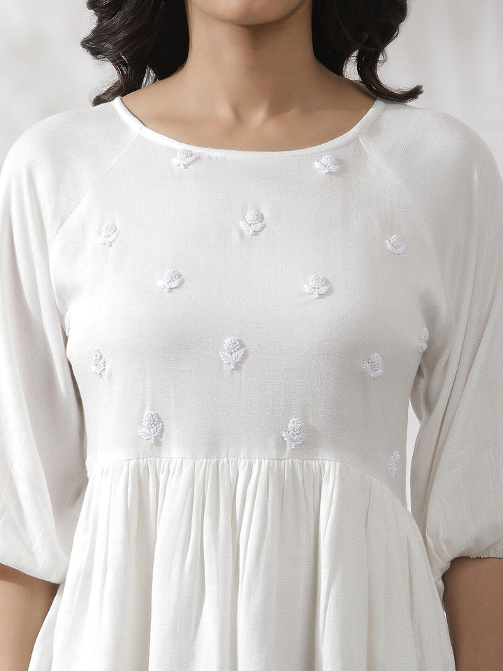 W Embroidered Puff Sleeves Gathered Layered A-Line Top