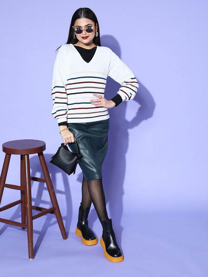 Berrylush Women White Striped Knits Bits Sweater